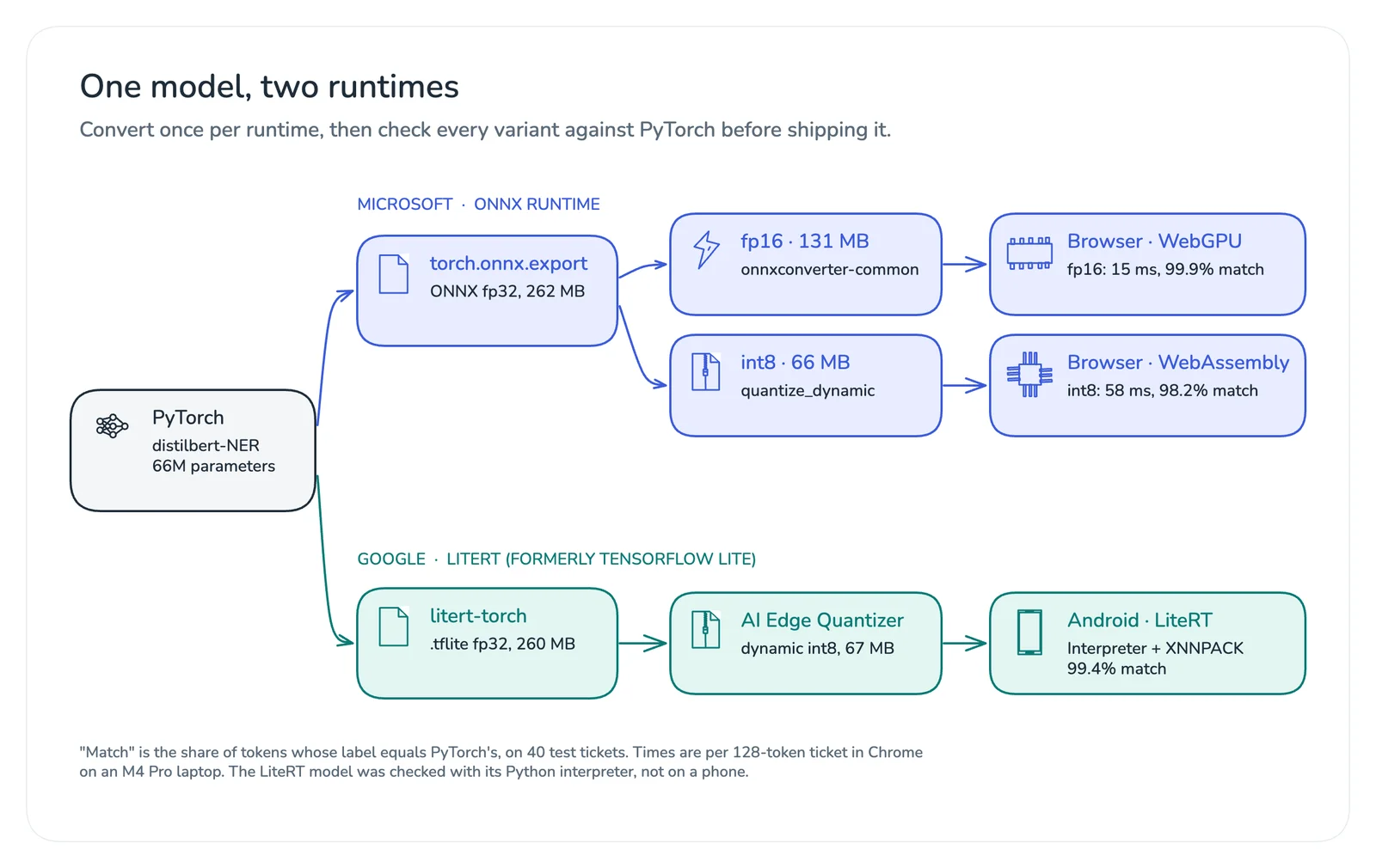 A PyTorch checkpoint is exported to ONNX (then fp16 and int8) for ONNX Runtime Web, and to LiteRT (then int8 with AI Edge Quantizer) for Android